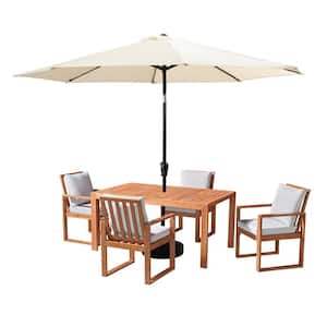 6 Piece Set, Weston Wood Outdoor Dining Table Set with 4 Cushioned Chairs and 10-Foot Auto Tilt Umbrella Tan