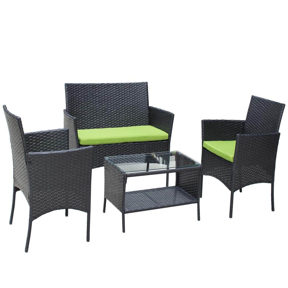 4-Pieces Rattan Patio Furniture Set, Outdoor Patio Cushioned Seat Wicker So