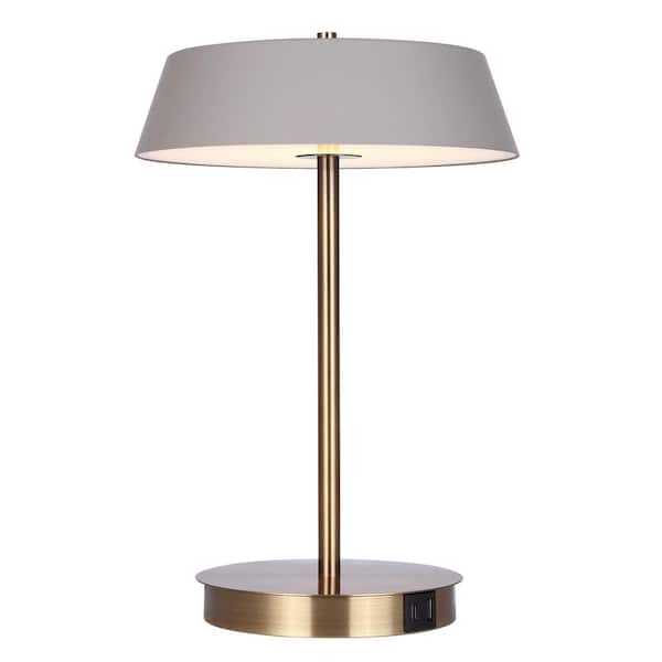 CANARM Jessa 14 in. Integrated LED Gold Table Lamp with Gray Metal Shade, On/Off Touch and USB Chargeports