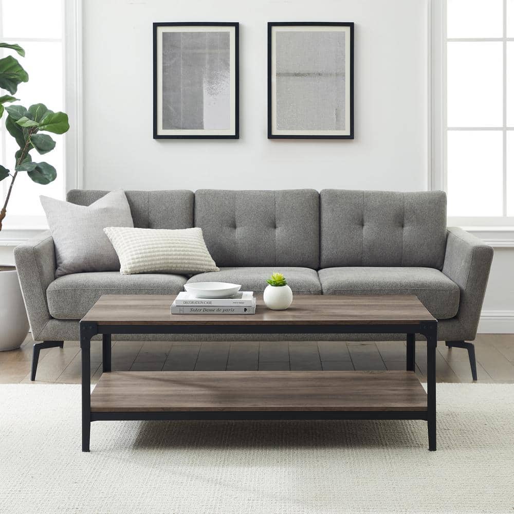 Rustic Gray Wash Rectangular Wood & Metal Coffee Table