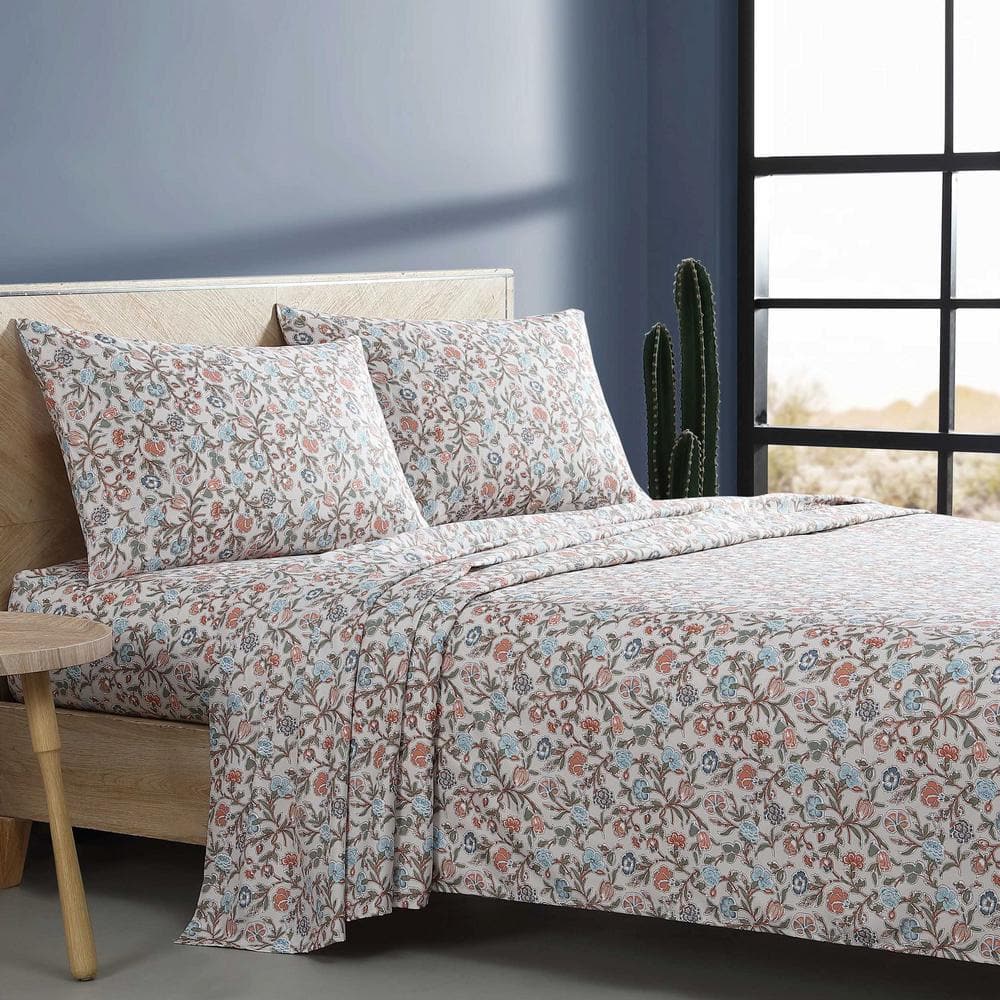 Twin Blue and Beige Floral Microfiber Bedding Set