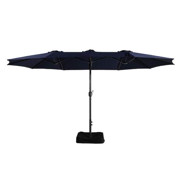 Kadehome 15 ft. Steel Pole Market No Tilt Patio Umbrella with With Plastic Base and Steel Cross Base in Navy Blue