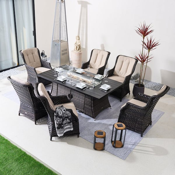 Shanti 7-Piece Brown Wicker Aluminum Outdoor Fire Pit Dining Set with Beige Cushions