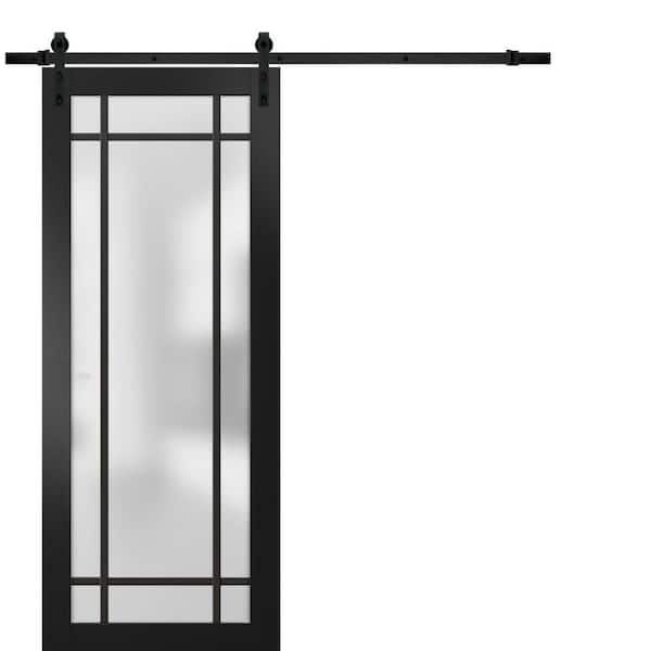36 in. x 96 in. 1 Panel Frosted Glass Black Matte Solid Wood Sliding Barn Door with Hardware Kit