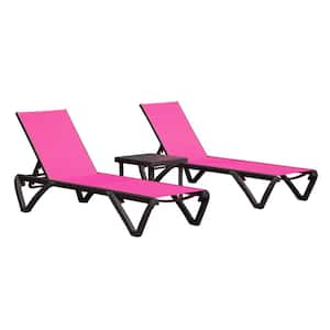 Rose Red 3-Piece Metal 5 Adjustable Position Outdoor Chaise Lounge with Table for Patio, Beach