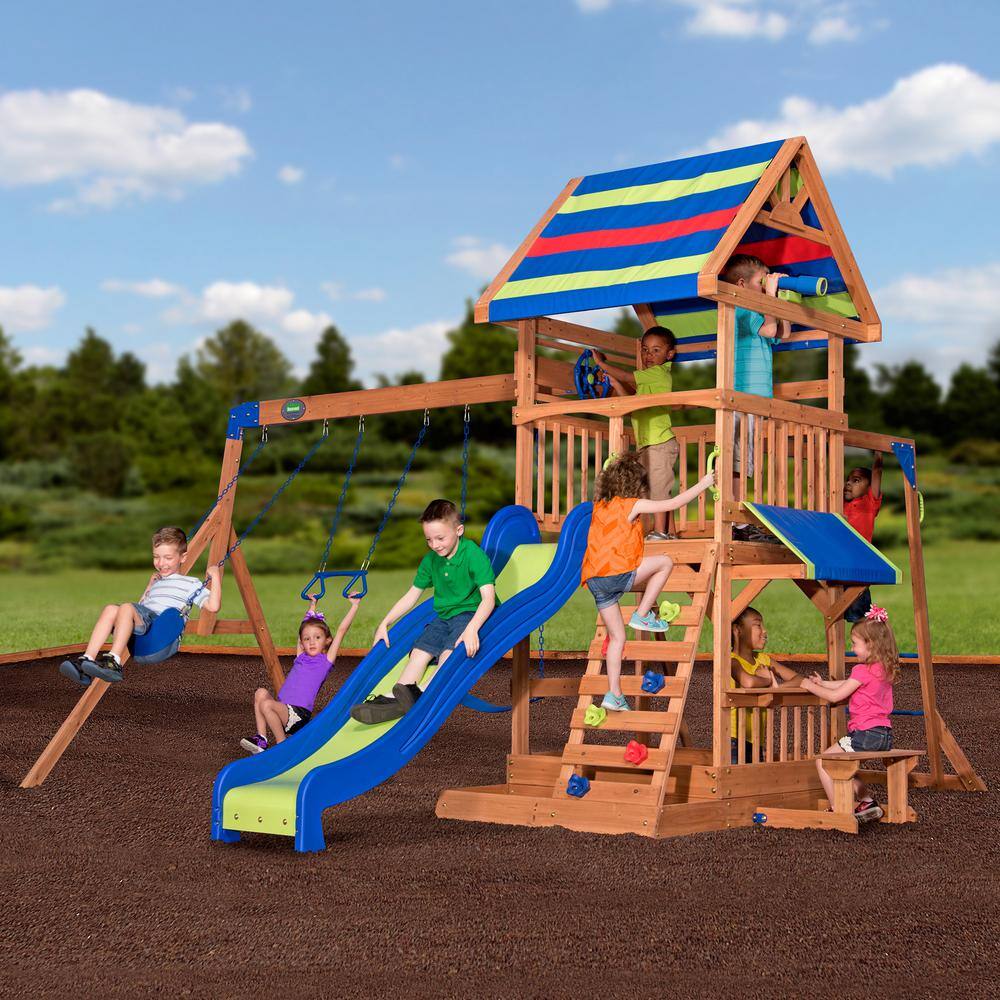 Colorful Wooden Outdoor Playset with Slide and Swings