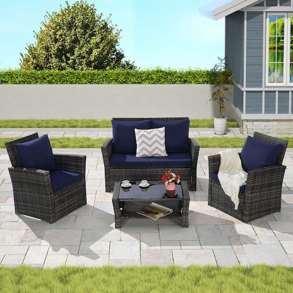 Unbranded 4-Piece Wicker Patio Conversation Set with Dark Blue Cushions, Rattan Sofa Chair with Tempered Glass Coffee Table
