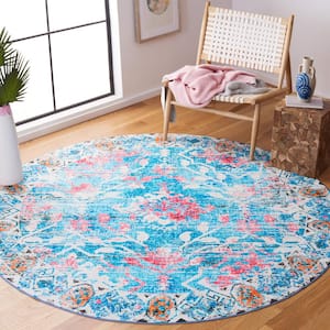 Riviera Light Blue/Pink 7 ft. x 7 ft. Machine Washable Floral Geometric Round Area Rug