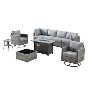 Sanibel Gray 9-Piece Wicker Outdoor Patio Conversation Sofa Sectional Set with a Metal Fire Pit and Dark Gray Cushions