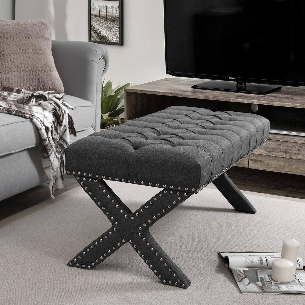 Inspired Home Bryoni Dark Grey Linen Bench Button Tufted Nailhead Trim