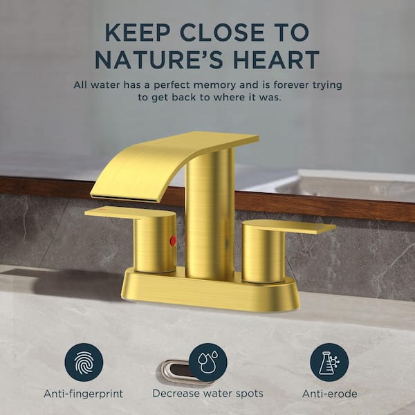 4 in. Centerset Double Handle Low Arc Bathroom Faucet with Drain Kit Included in Matte Gold