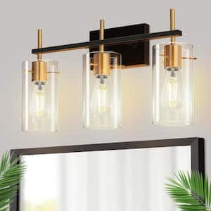 20 in. 3-Light Bathroom Fixture, Black and Gold Metal Vanity Light Frame with Clear Glass Shades