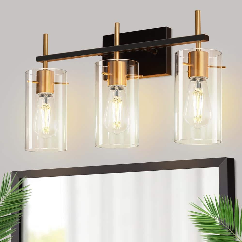 20 in. 3-Light Black and Gold Vanity Light, Bathroom Fixture with Clear Glass Shades for Mirror Lighting price history on PriceWatchPro