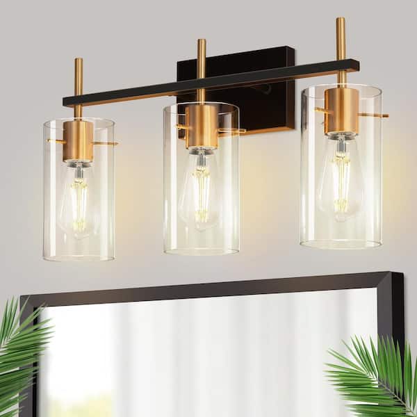 20 in. 3-Light Black and Gold Vanity Light, Bathroom Fixture with Clear Glass Shades for Mirror Lighting