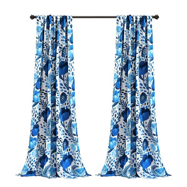 Blue Floral Rod Pocket Room Darkening Curtain - 52 in. W x 84 in. L (Set of 2)