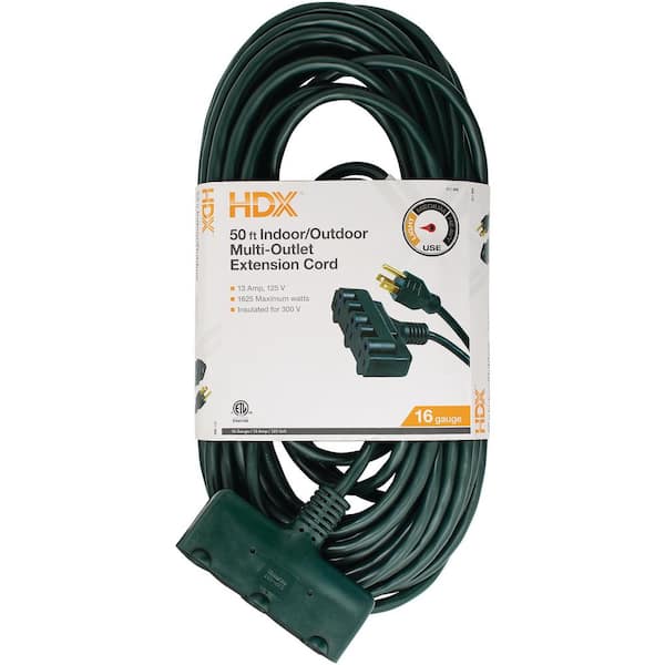 HDX 50 ft. 16/3 Light Duty Indoor/Outdoor Landscape Extension Cord with Multiple Outlet Triple Tap End, Green