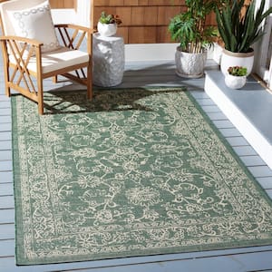 Courtyard Dark Green/Beige 5 ft. x 8 ft. Border Antique Floral Indoor/Outdoor Patio  Area Rug