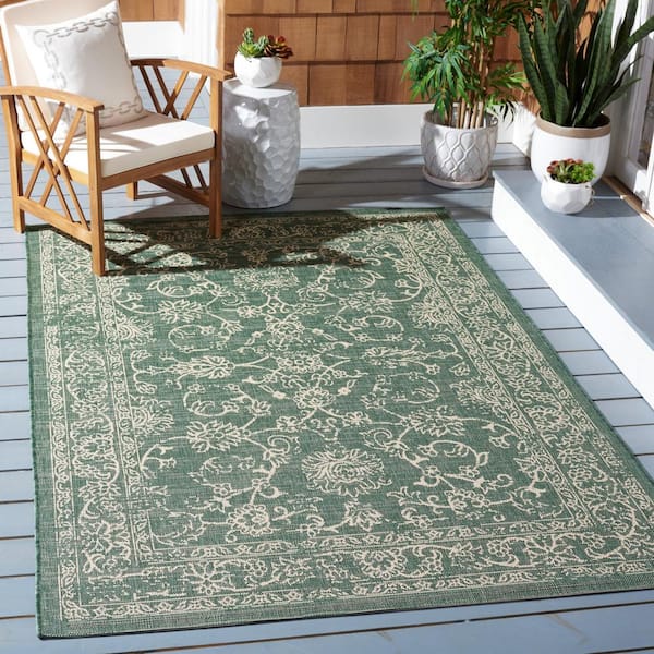 Courtyard Dark Green/Beige 7 ft. x 7 ft. Border Antique Floral Indoor/Outdoor Patio  Square Area Rug