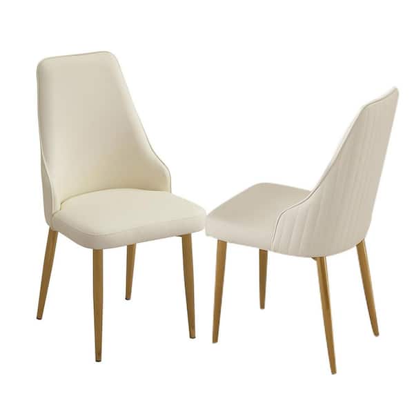Minimalist White PU Leather Quilted Upholstery Metal Legs Dining Chair Set of 2