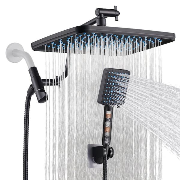 Rainfull 2-in-1 6-Spray 12 in. Wall Mount Filtered Dual Shower Head Fixed & Handheld Shower Head 1.8 GPM Black