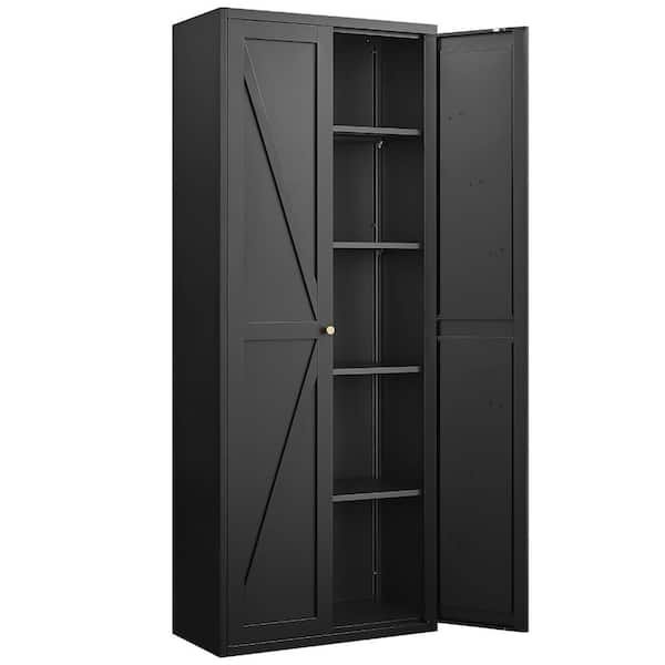 71 in. H Metal Storage Cabinet with Barn Doors, Black Steel File Cabinet w/Adjustable Shelves, Kitchen Pantry Cabinet