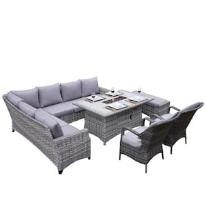 Maxwell Gray 6-Pieces Wicker Patio Fire Pit Conversation Set Outdoor Sofa with Gray Cushions