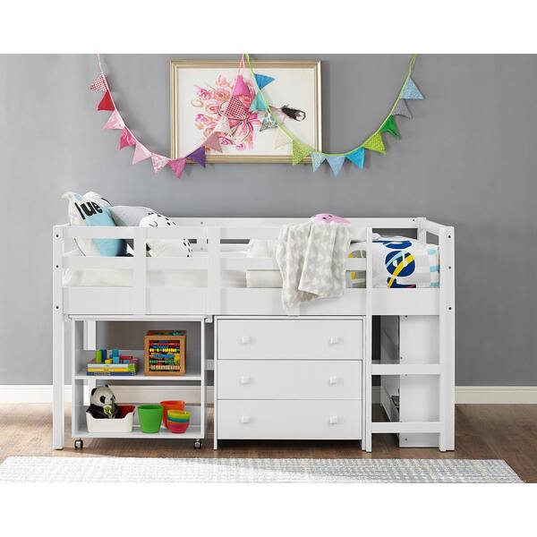 Homestock White Twin Loft Bed Daybed, Twin Loft Bed With Drawers Underneath