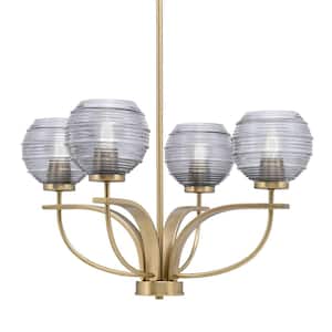 Olympia 4-Light Uplight Chandelier New Age Brass Finish 6 in. Smoke Ribbed Glass