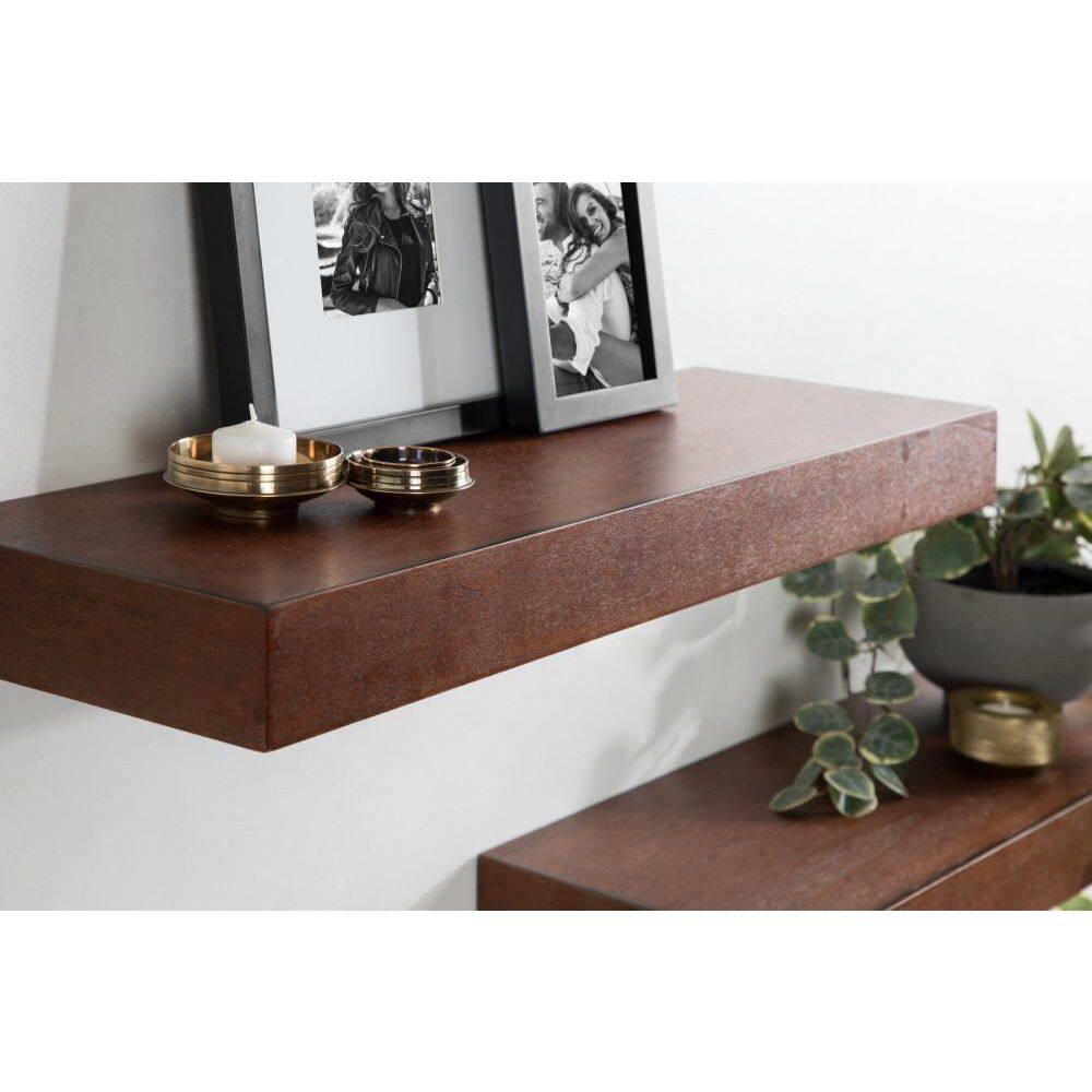 Mid-Century Modern Walnut Brown Solid Wood Floating Shelves, Set of 2