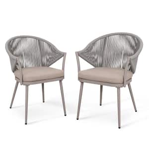 Aluminum Patio Outdoor Dining Chair Woven Rope Armchair With Removable Beige Cushion(2-Pack)