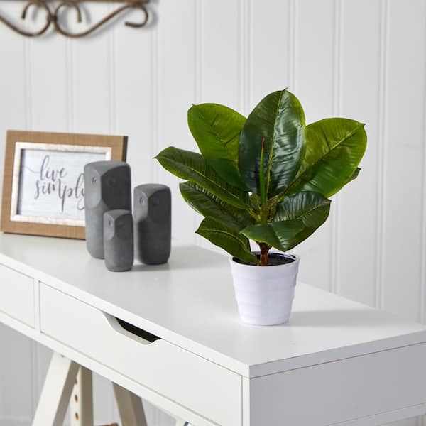 Nearly Natural 11 in. Artificial Rubber Leaf Plant in White Planter (Real Touch)