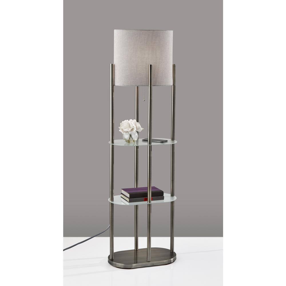 Brushed Steel Floor Lamp with Gray White Shade and Shelves