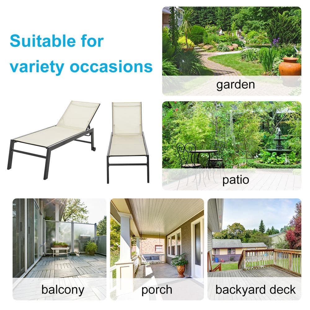 Cream Armless Outdoor Steel Chaise Lounge Chair
