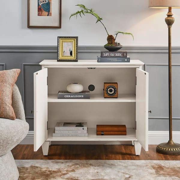 Linford Retro 33.58 in. W White Wood Buffet Sideboard Cabinet with Symmetrical Geometric, 2-Door and Adjustable Shelf