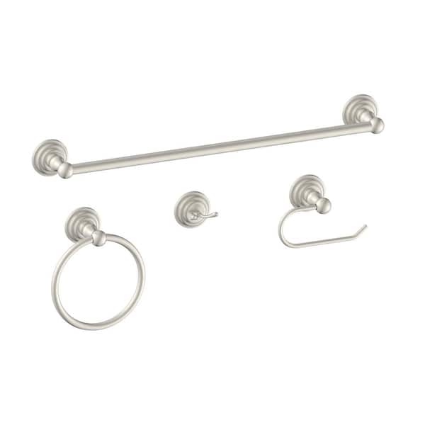 PRIVATE BRAND UNBRANDED Deveral 4-Piece Bath Hardware Set with Towel Ring, Toilet Paper Holder, Robe Hook and 24 in. Towel Bar in Brushed Nickel