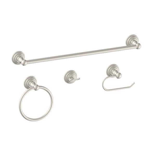 Glacier Bay Deveral 4-Piece Bath Hardware Set with Towel Ring, Toilet Paper Holder, Robe Hook and 24 in. Towel Bar in Brushed Nickel
