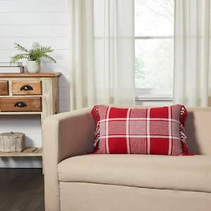 Eston Red White 14 in. x 22 in. Plaid Fringed Throw Pillow