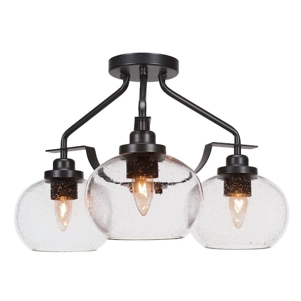 Unbranded Zara 18 in. 3-Light Matte Black Semi-Flush with 7 in. Clear Bubble Glass Shades No Bulbs Included