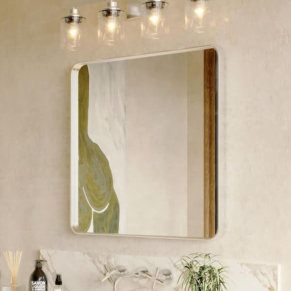 30 in. W x 30 in. H Rectangular Aluminum Framed Modern Silver Rounded Wall Mirror