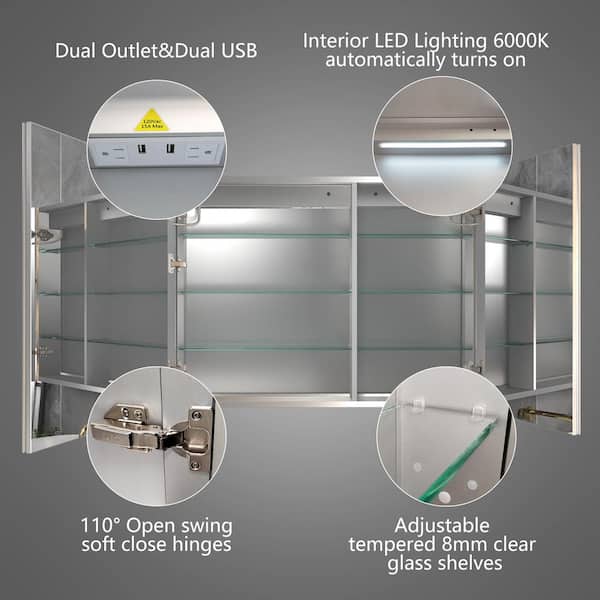 ExBrite 48-in x 30-in Lighted LED Fog Free Surface/Recessed Mount Matte Black Mirrored Soft Close Medicine Cabinet with Outlet