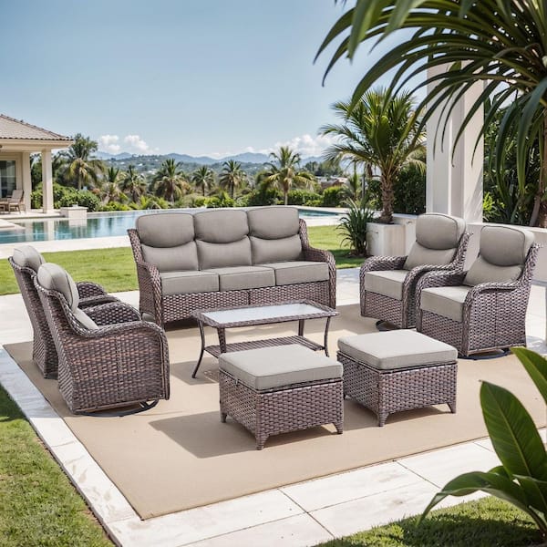 Bellefurn NovaSwivel Brown Wicker Patio Conversation Set Outdoor Seating Swivel Chair Set with 6 in. Thicked Gray Cushions