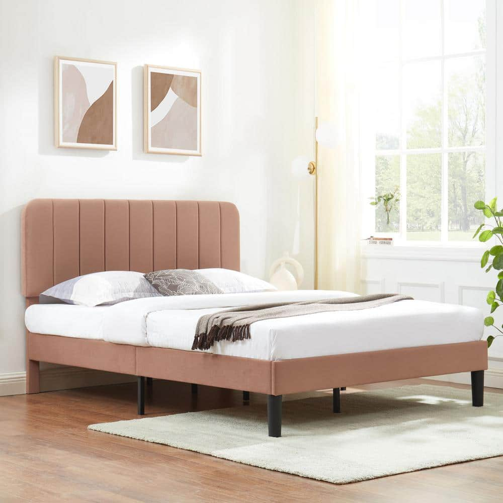 VECELO Upholstered Bed Brown Queen Bed Platform Bed Frame With ...