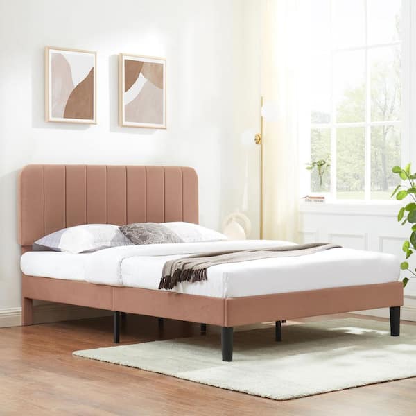 VECELO Upholstered Bed Brown Queen Bed Platform Bed Frame with Adjustable Headboard Strong Wooden Slats Support Bed Frame