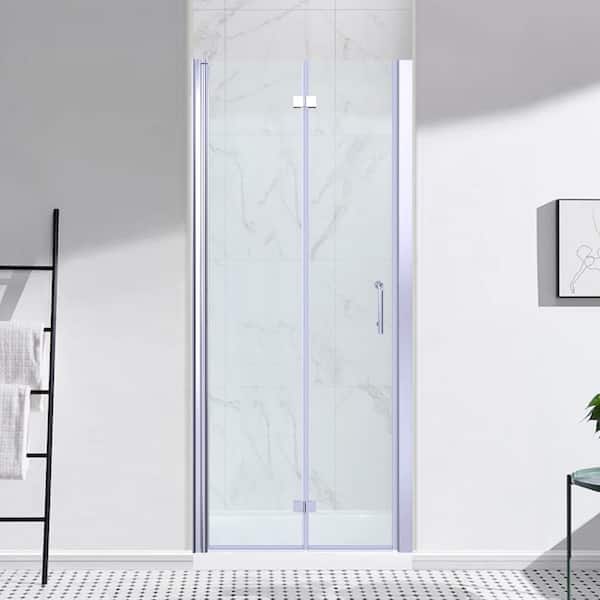 ANGELES HOME 32-33 3/8 in. W x 72 in. H Bi-Fold Semi-Frameless Shower Door in Chrome,6mm Clear Tempered Glass,Reversible Installation