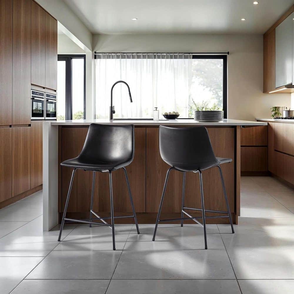 24" Black Faux Leather and Metal Counter Stools, Set of 2