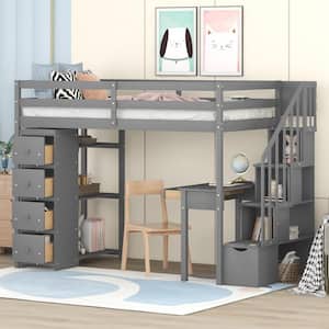 Gray Twin Wooden Loft Bed with Shelves, 6-Drawers, Desk and Storage Staircases