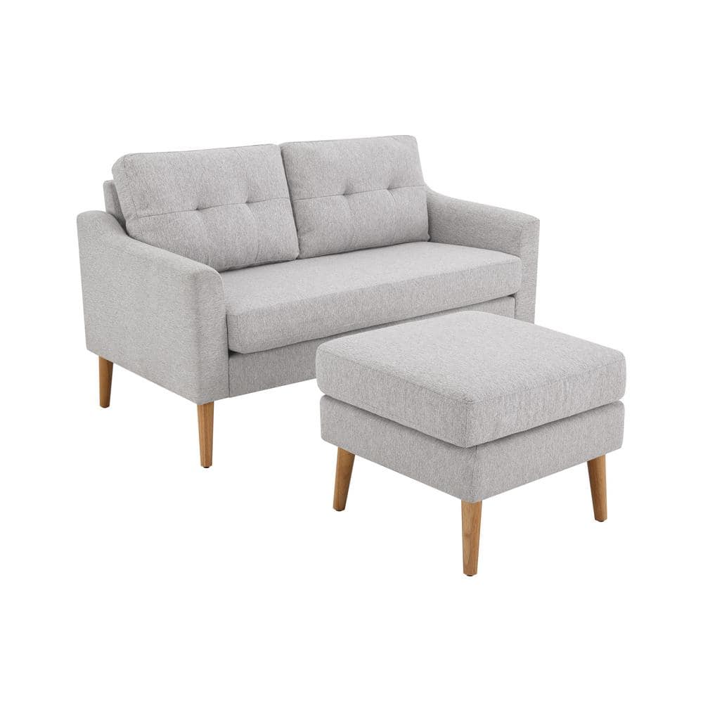 Light Gray Tufted Fabric Loveseat with Ottoman and Wood Legs
