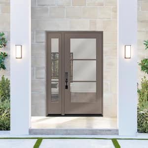 Legacy 53 in. x 80 in. Icon 3 Lite Modern Clear Glass RHIS Kindling Mahogany Fiberglass Prehung Front Door w/14in.SL