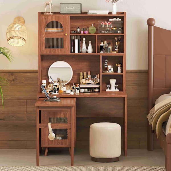 Walnut Makeup Vanity Set with Storage Drawer, Cabinets and Shelves