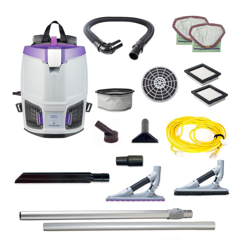 ProTeam GoFit 3, 3 qt. Corded Gray Commercial Backpack Vacuum Cleaner with ProBlade Hard Surface Kit, Carpet Tool Kit, 3 Filters